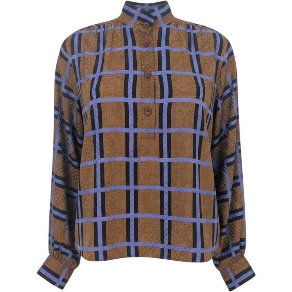 Givenchy 80s Vintage Made‎ in France Brown Lavender Grid Button Front Blouse Top